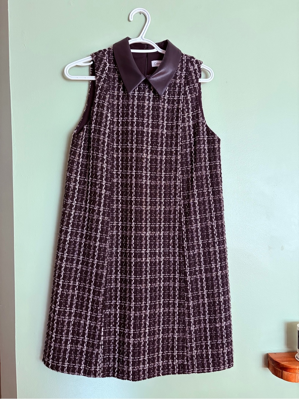 Calvin Klein Tweed Dress 6 Faux Leather Collar Dark Academia Goth Mod Office